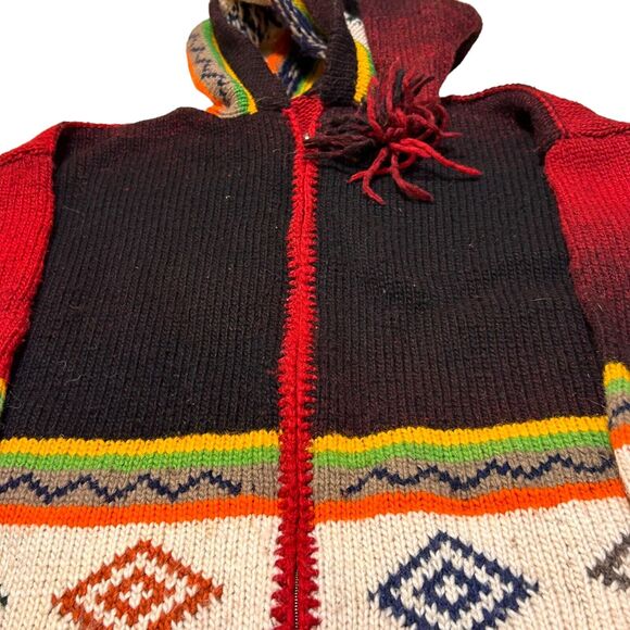 Vintage Hand Knit Sweater Jacket Womens M/L Multicolor Hooded Zip Up Ikat Nordic - Picture 3 of 12